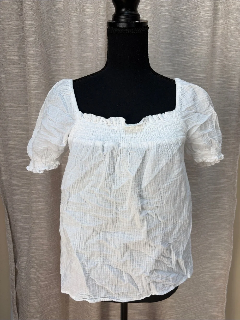 J. Crew White Smocked Square-Neck Puff Sleeve Blouse